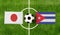 Top view ball with Japan vs. Cuba flags match on green football field