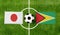 Top view ball with Japan vs. Guyana flags match on green football field