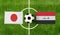 Top view ball with Japan vs. Iraq flags match on green football field