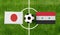 Top view ball with Japan vs. Syria flags match on green football field