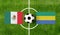 Top view ball with Mexico vs. Gabon flags match on green football field