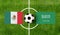 Top view ball with Mexico vs. Saudi Arabia flags match on green football field