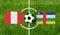 Top view ball with Peru vs. Central African republic flags match on green football field