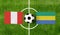 Top view ball with Peru vs. Gabon flags match on green football field