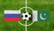 Top view ball with Russia vs. Pakistan flags match on green soccer field