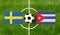 Top view ball with Sweden vs. Cuba flags match on green football field