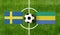 Top view ball with Sweden vs. Gabon flags match on green football field