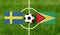 Top view ball with Sweden vs. Guyana flags match on green football field