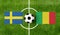 Top view ball with Sweden vs. Mali flags match on green football field