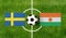 Top view ball with Sweden vs. Niger flags match on green football field