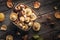 Top view basket filled with edible forest mushrooms Suillus on a wooden table