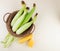 top view of basket with uncooked corns and corn shell with cooked corns on right side and white background with copy space