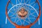 Top view through basketball hoop. Young man basketball player at street public stadium, sport court or palyground