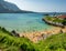 Top view of beach with many blurred unrecognizable people