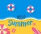 Top view of beach shore cheerful retro design with Hello Summer message. With summer objects. Vector illustration design