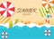 top view beach summer background. summer holiday wave sea with umbrellas,balls,sunglasses,surfboard,starfish