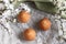 Top view of a beautiful breakfast with flowers and fresh pastries, three cupcakes. Selective focus