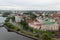 Top view of the beautiful old town, water and cozy colored houses, Russia, Vyborg.