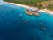 Top View on Beautiful thatch stilt house restaurant at Zanzibar Kendwa beach at evening time in Blue Water of Indian