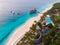 Top View on Beautiful thatch stilt house restaurant at Zanzibar Kendwa beach at evening time in Turquoise Water of