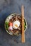 Top view beef bowl gyudon with rice and egg, copyspace