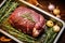 top view of a beef roast nestled amongst garlic bulbs and sprigs of rosemary