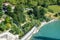 Top view of Bern Bear pit park or Barengraben and people on Aare river banks during summer 2020 in Bern Switzerland