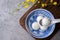 Top view of big tangyuan yuanxiao in a bowl on gray background for lunar new year food