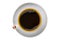 Top view of black coffee in brown ceramic coffee cup in white ceramic saucer