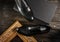 Top view on black oxford men shoes with golden biedermeier