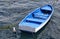 Top view of blue, rusty, traditional empy fishing boat