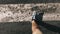 Top view of blue sneakers shoes on asphalt, crosswalk. Man walking in the city.