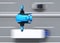 Top view of blue VTOL drone flying over highway bridge