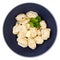 Top view of boiled Pelmeni decorated with parsley