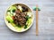 Top view Bok choy cabbage with shiitake mushrooms