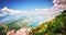 Top view Boka Kotorska gulf mountain Lovchen Montenegro wide angle