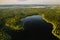 Top view of Bolta lake in the forest in the Braslav lakes National Park at dawn, the most beautiful places in Belarus.An island in