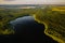 Top view of Bolta lake in the forest in the Braslav lakes National Park at dawn, the most beautiful places in Belarus.An island in