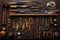 top view of bonsai shaping tools on a wooden bench