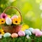 Top view border of Easter themed background with basket, eggs, flowers