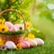 Top view border of Easter themed background with basket, eggs, flowers