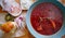 Top view of Borsch with side dishes