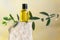 Top view of bottles essential olive oil. Healthy natura cosmetic treatment, massage product