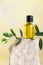 Top view of bottles essential olive oil. Healthy natura cosmetic treatment, massage product