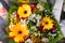 Top view of bouquets of fresh yellow flowers. gift for holiday or anniversary