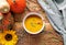 Top view of a bowl of pumpkin cream soup