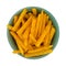 Top view of a bowl of snack cheddar fries on a white background