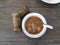 Top view of A bowl of thick beef stew, a traditional Indonesian dish on the wooden table