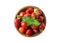 Top view. Bowls with strawberries isolated on white background. Ripe strawberries with a basil leaf close-up. Background berry.