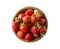 Top view. Bowls with strawberries isolated on white background. Ripe strawberries with a basil leaf close-up. Background berry.